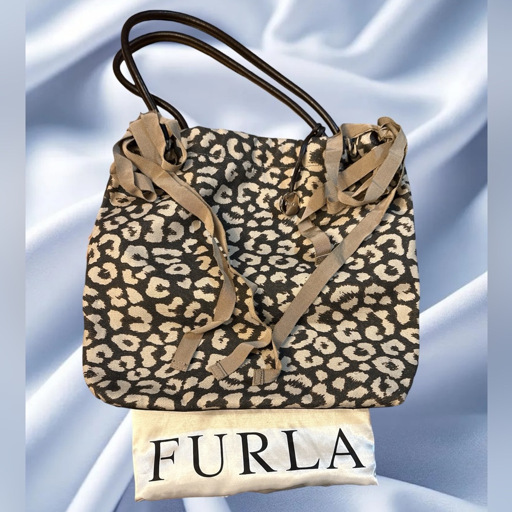 Furla Animal Print Canvas Bag with Beige Trim